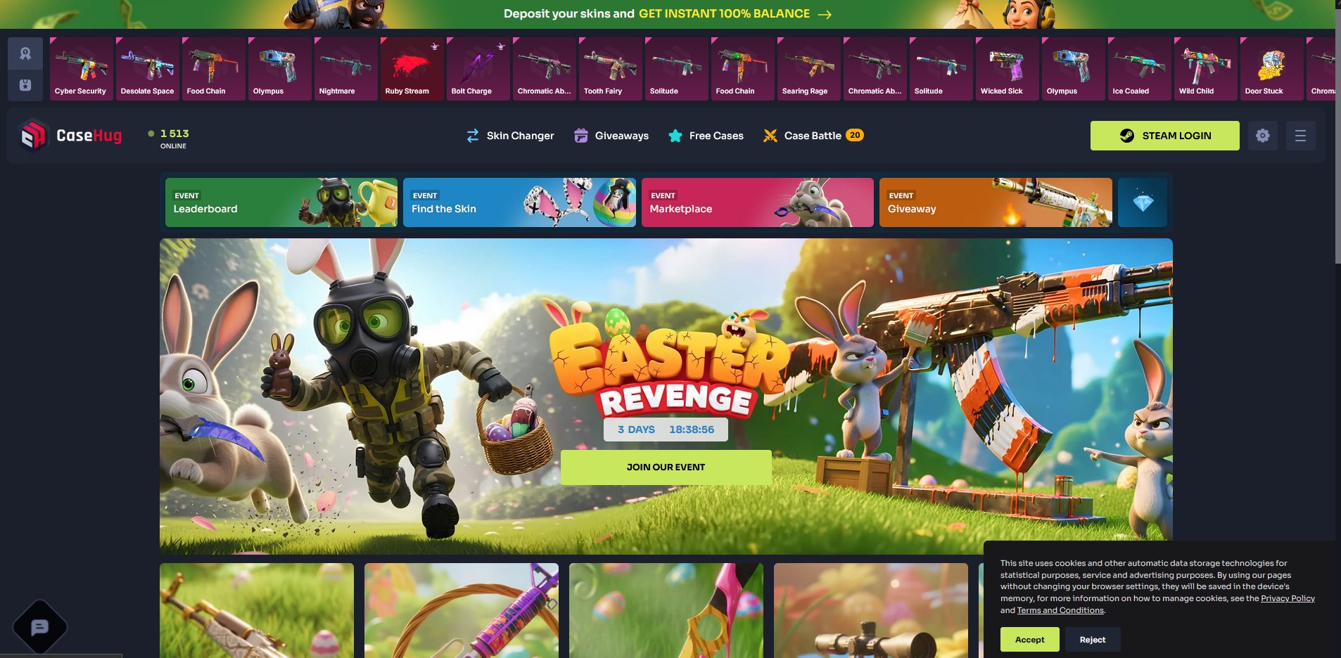 CaseHug homepage screenshot — UK-registered CS2 case opening platform