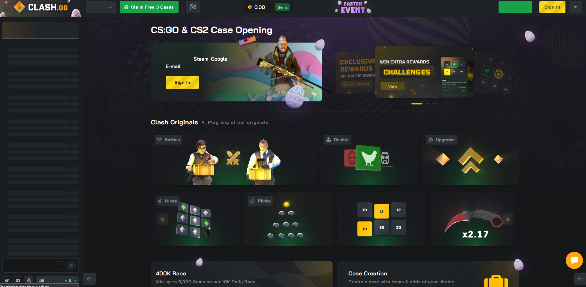 Clash.GG homepage screenshot showing case battles, mines and crash games