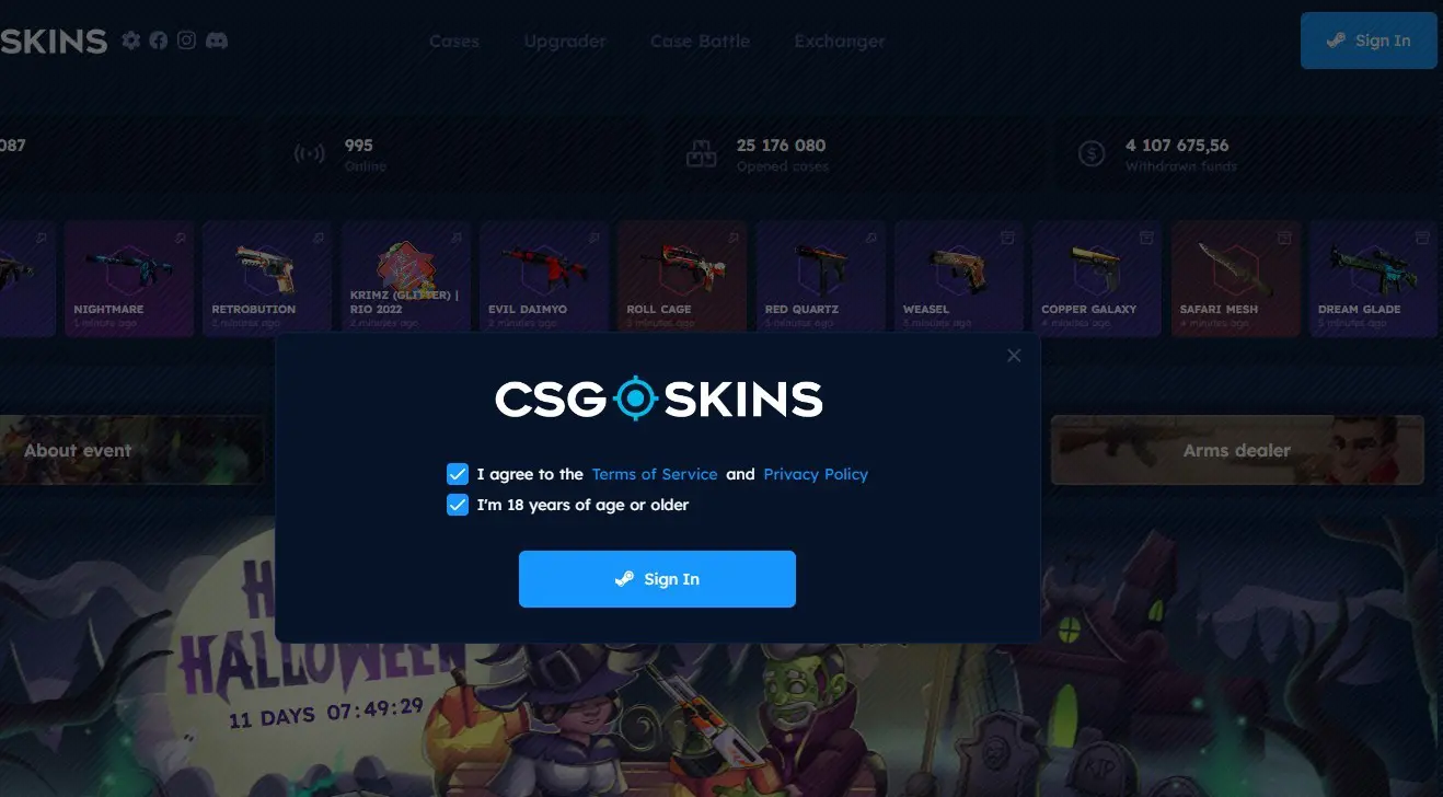 CSGOSkins homepage screenshot showing roulette and crash game modes