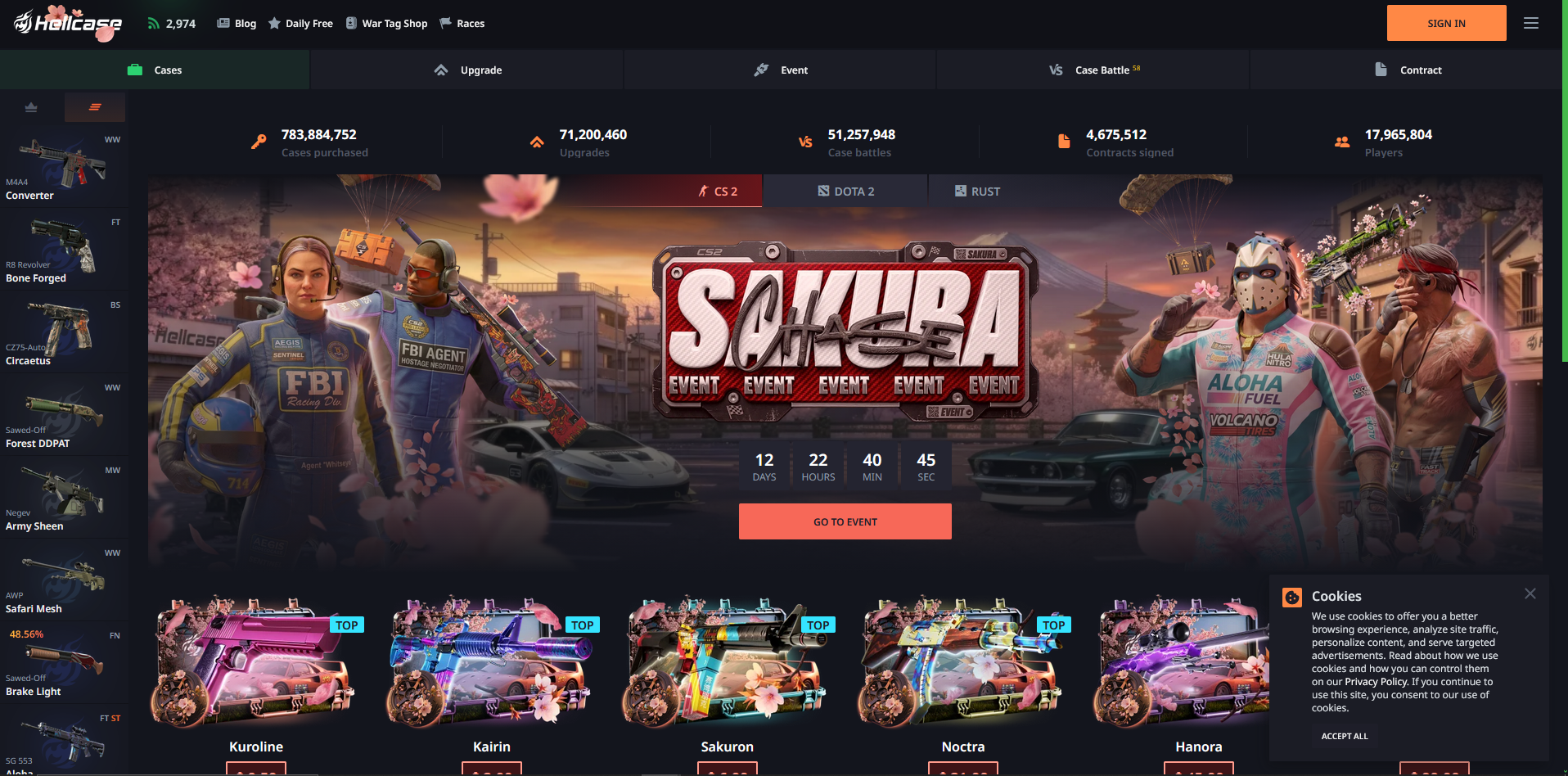 Hellcase CS2 case opening homepage screenshot showing daily free case