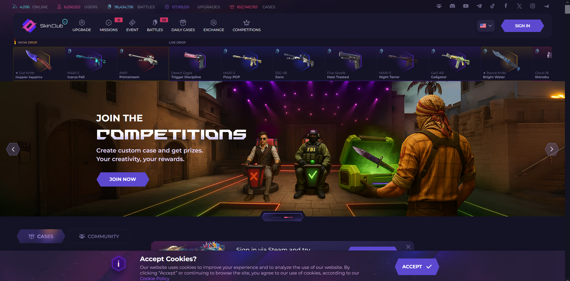 SkinClub homepage screenshot showing community-created CS2 cases