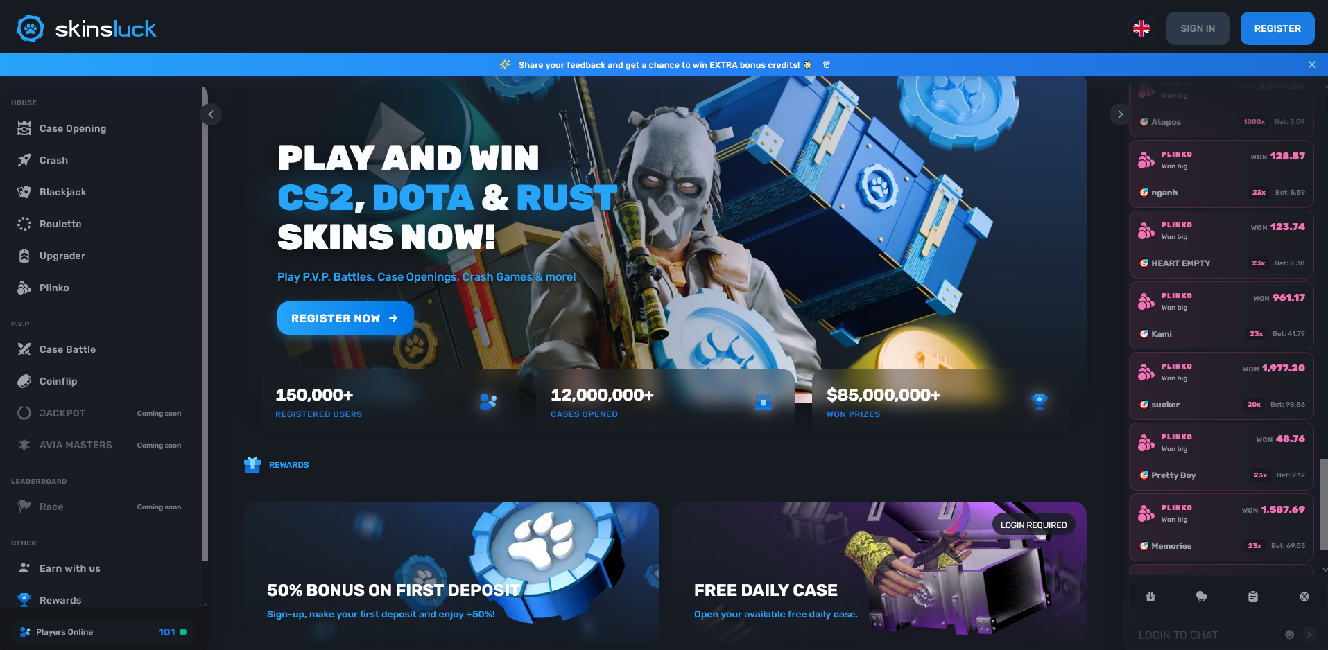 SkinLuck homepage screenshot showing coinflip mode and free cases